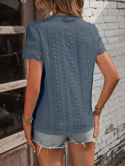Women's Casual Eyelet Embroidery T-Shirt, Scallop Trim Tee,